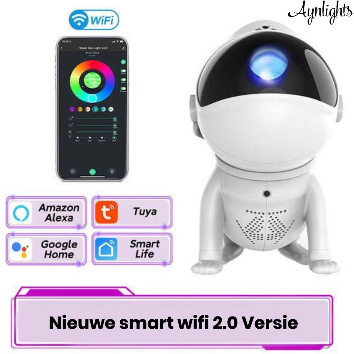 Aynlights® 2024 - Slimme Space dog Sterren Projector bluetooth Muziekspeaker - White Noise