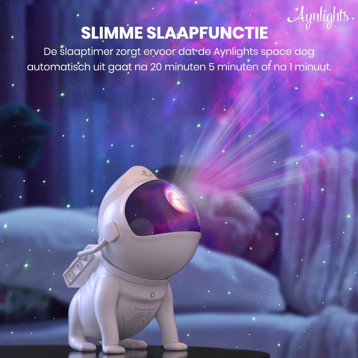 Aynlights® 2024 - Slimme Space dog Sterren Projector bluetooth Muziekspeaker - White Noise