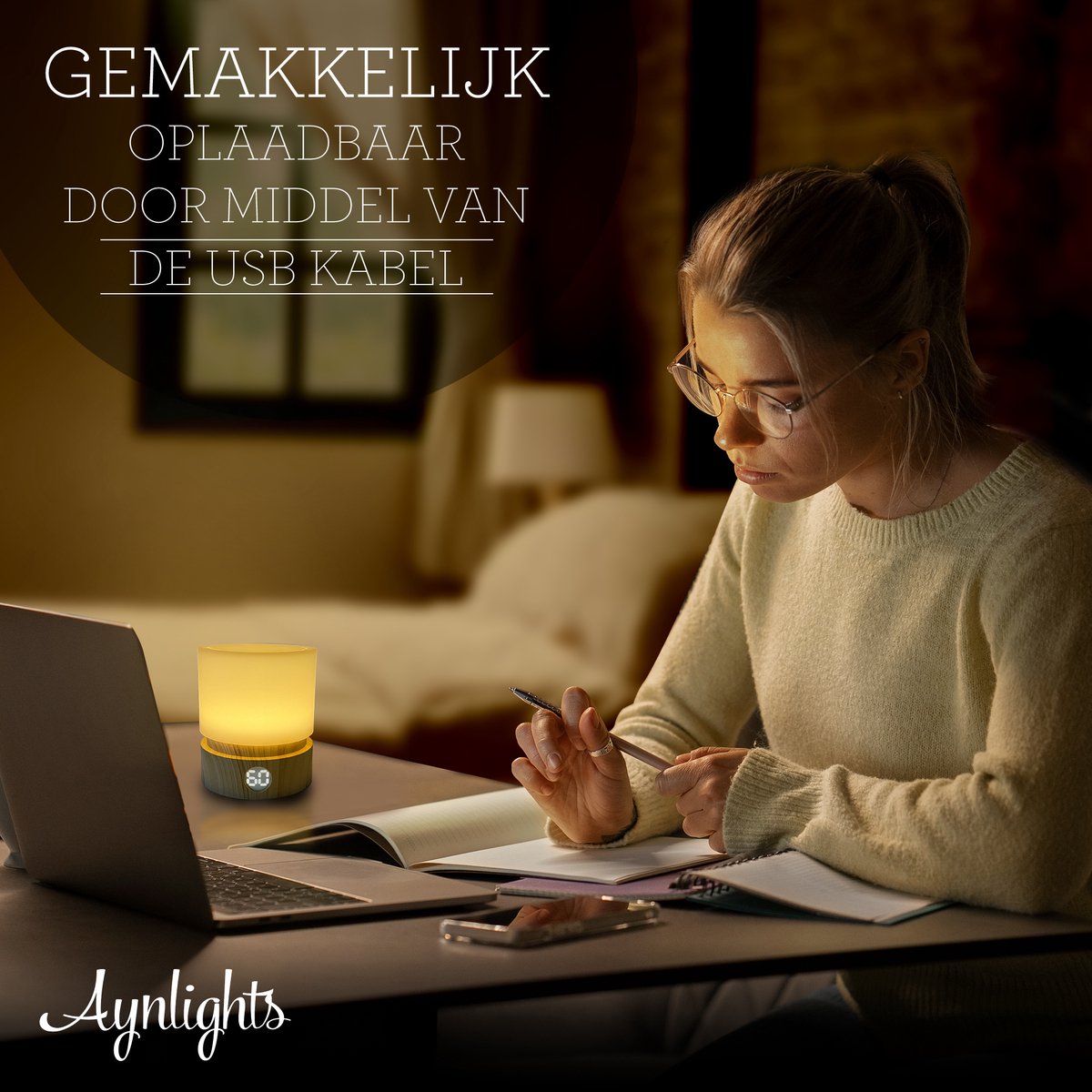 Aynlights® Draadloze Tafellamp/ nachtlamp LED – Draadloze Lamp Nachtkastje - Bamboo bruin