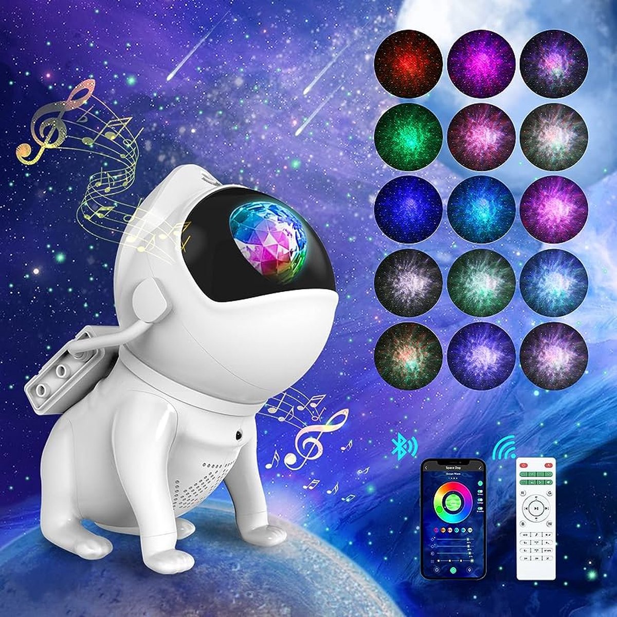 Aynlights® 2024 - Slimme Space dog Sterren Projector bluetooth Muziekspeaker - White Noise