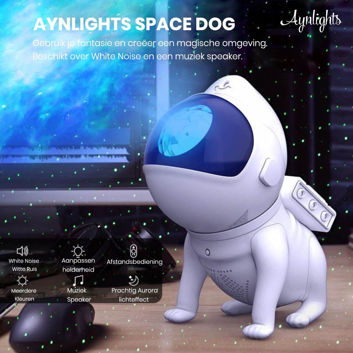 Aynlights® 2023 – Smart Space Dog Sternprojektor – Bluetooth-Galaxieprojektor – Musiklautsprecher – Weißes Rauschen – Sternenhimmelprojektor – Sternprojektor – Steuerung per App, Gerät, App, Geschenktipp