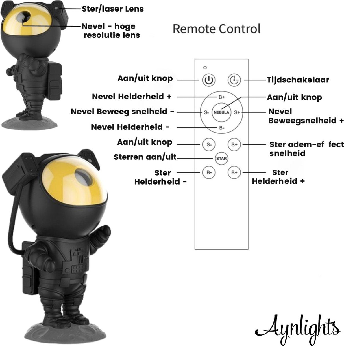 Aynlights® Astronauten-Sternprojektor – GOLD x SCHWARZ – Fernbedienung